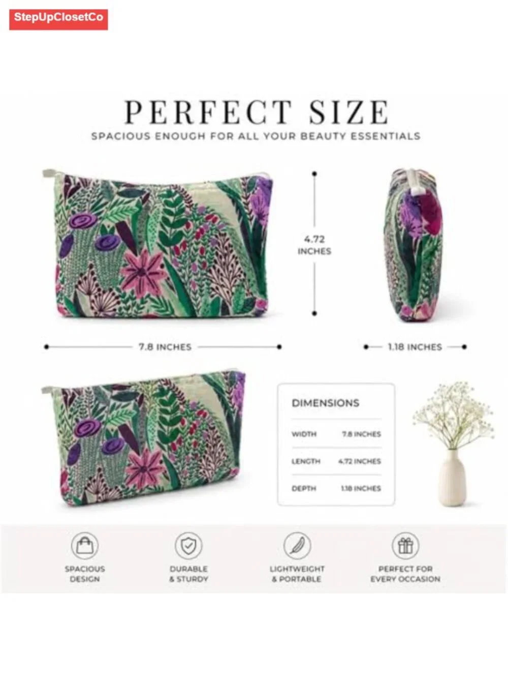 Slim Floral Makeup Pouch with Vintage Botanical Print, Cosmetic Bag for Women,